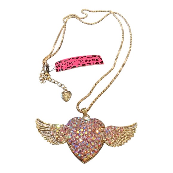 Betsey Johnson Winged Heart Necklace NWT Gold Tone AB Rhinestones J18